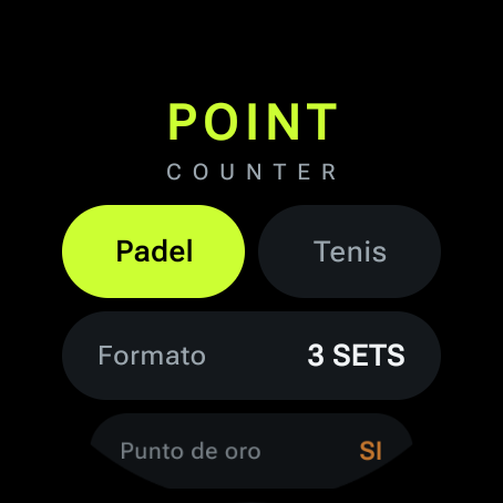 Pantalla de configuración con selector de deporte